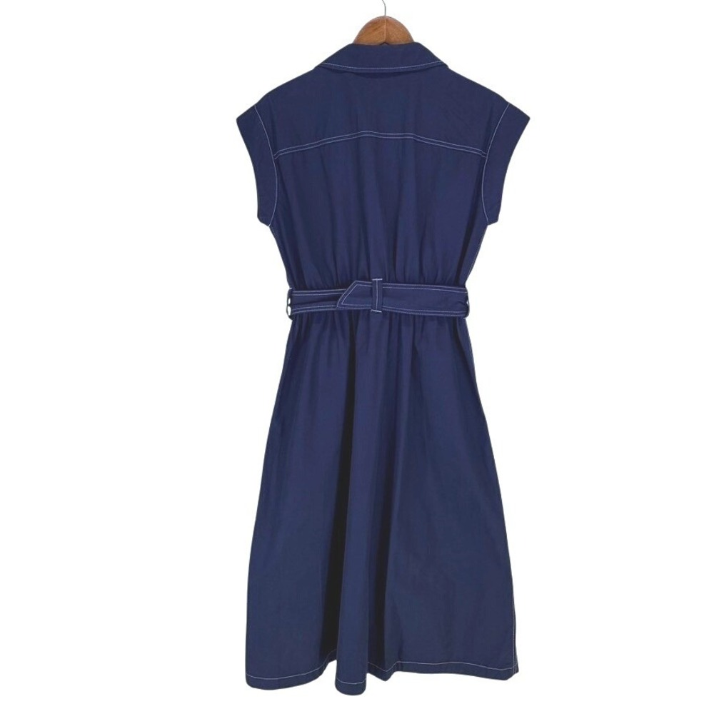 Women's Navy Blue Utility Midi Button Up Shirt Dress White Stitch Small Cotton - Picture 2 of 15
